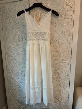 SHEIN Cream Lace-Trim Midi Dress